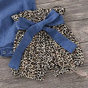 Dieťa Romper Nastaviť Letné Baby Girl Bežné Svetlice Rukáv Denim Leopard Romper Topy Šortky Hlavový Most Oblečenie Set