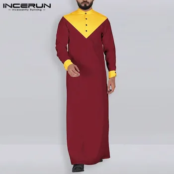 INCERUN Vintage Muži Takí Islamskej Moslimských Kaftan Dlhý Rukáv Farba-blok Stojan Golier Jubba Thobe Retro Mužov Indiánske Oblečenie S-5XL