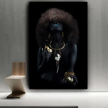 Nadýchané Vlasy Africké Čierne Ženy Zlaté Prst olejomaľba na Plátne Cuadros Plagáty a Vytlačí na Stenu Obrázok pre Obývacia Izba