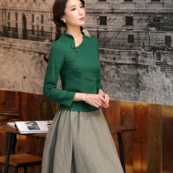 блузки Zelená Polmesiaca Golier Košele, Topy Mujer Camisa Ženská Blúzka Tradičnej Čínskej Dámske Bavlnené Obliečky Clothings 2020
