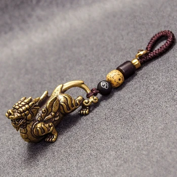 Čistej Medi Auto Krúžok Prívesky Charms Čínsky Mýtické Zviera Šťastie Pi Xiu Figúrky Vintage Lano Keychains Keyrings Závesy