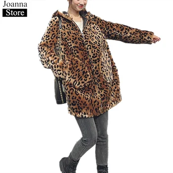 Jeseň Zima Nové Kapucňou Umelú Kožušinu Leopard Tlač Dlhá Srsť Ženy Falošné Kožušiny Zips Voľné Chlpaté Bežné Ženské Plus Veľkosť Teddy Bunda