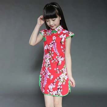 Letné Cheongsam Čínske Tradičné Oblečenie Detí Dievča Cheongsam Šaty Krátke Rukáv Bavlna Výkon Oblečenie Dievča Qipao