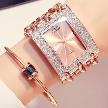 HOT Predaj Módne Hodinky Ženy náramkové hodinky Diamanty Obdĺžnik Ciferník z Nerezovej Ocele Reťazca Kapela Analógové Hodinky Dámy