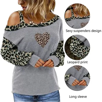 Dámske Jeseň Leopard Vytlačené T-shirt Long Sleeve -ramenný Duté Voľné Top Ženskej Módy Ležérne Pohodlné Oblečenie