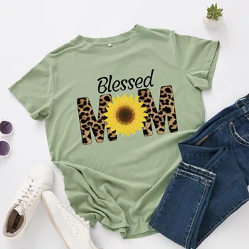 Leopard List Požehnaný Mama Print T Shirt Ženy Lete Harajuku Slnečnice Daisy Grafické Tees Žena Krátky Rukáv Voľné Top Ladies