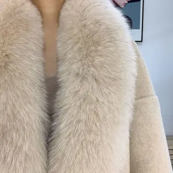 2020 Jeseň Zima Dámy Vlny Kabát s Originálnym Fox Kožušiny Golier Cashmere Ženy Dlho vrchné oblečenie
