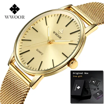 2019 WWOOR Relogio Masculino Pánske hodinky Top Značky Luxusné Plné Zlata z Nehrdzavejúcej Ocele Muž Hodiny Muž Náramkové Hodinky Zegarki Meskie