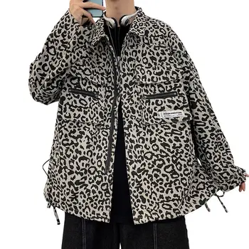 Jeseň Bavlna Leopard Bunda pánske Módne Retro Bežné Náradie Bundy Pánske Streetwear Wild Voľné Hip Hop Bombardér Bunda Mužov