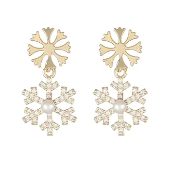 14K Reálne Pozlátené Módne Šperky Crystal Pearl Snowflake Nádherné Náušnice pre Ženu Dovolenku Strany Vianočné Náušnice