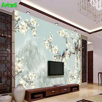 Nová Čínska magnolia papagáj foto tapety 3D Čínsky ručne maľované kvety a vtáky nástenná maľba, spálne, TV späť obývacia izba gauč