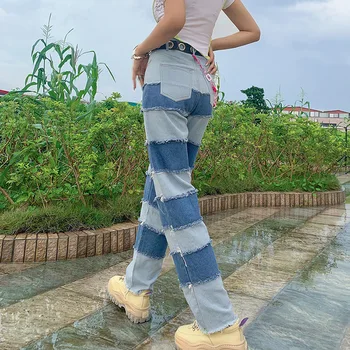Farebný Blok Rovnou Nôh Jeans Nohavice Vysoký Pás Ženy Jeseň 2020 Nohavice S Vreckami Patchwork Sexy Blue Denim Nohavice