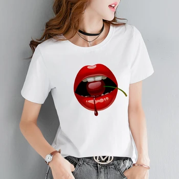 Ženy O móde Krku, Krátke Rukáv Tričko Harajuku Sexy krása pery tlač T-shirt Voľný čas Streetwear kórejský štýl žena T tričko