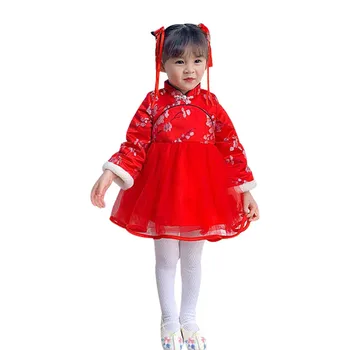 Batoľa Dievčatá Nový Rok Oblečenie Deti Jeseň Zima Čínskom Štýle Retro Čipky Princezná Šaty Dievčatá Plyšové Dlhý Rukáv Cheongsam