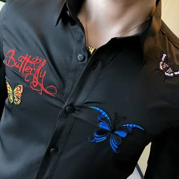 Motýľ Výšivky Bežné Tenký Dlhý Rukáv Tričko Mužov Nočný Klub Strany Streetwear Smoking Šaty, Košele Camisa Sociálne Masculina