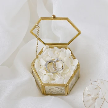 Sklenená Krabica na Svadobné Prstene,Jasné Krúžok Nosič Box,Svadobný Dar, Osobné Hexagon Tvarované Krúžok Okno,Kvety a Malé Šperky Box