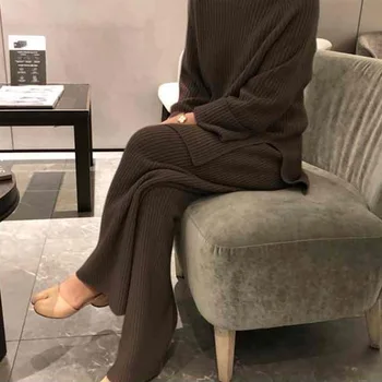 CBAFU nové módne zimné žien zahustiť teplé pletené pulóvre sveter dvojdielne obleky +vysoký pás voľné širokú nohu, nohavice nastaviť F964