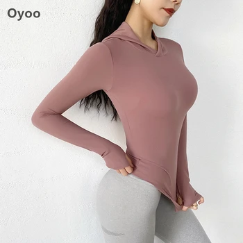 Oyoo Koži-priateľský textílie Mikina Super Mäkké Jogy Top Šport Pre Ženy, Dlhý Rukáv Beží bunda s Kapucňou Ružová Športové oblečenie