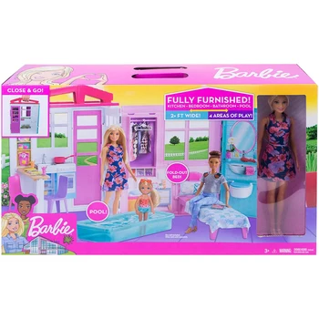 Barbie Bábika a Prenosný domček pre bábiky 1 Príbeh Playset s Bazénom a Príslušenstvo pre 3 do 7 rokov