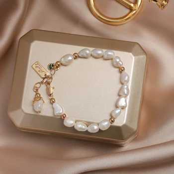 HANGZHI Elegantné Barokové Nepravidelné Prírodné Sladkovodné Perly Zlatých Reťazí Crystal Ball Náramky pre Ženy, Dievča, Letné Šperky
