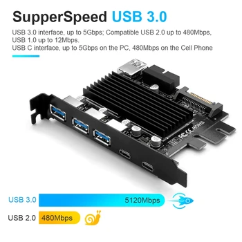 USB 3.0 Typ C PCI-E Rozširujúca Karta 5 Porty Adaptér, Externý Radič Express 19Pin Kábel Napájania SATA Konektor Kábel