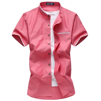 QUANBO 2018 Nové Mužov Ležérne Oblečenie Letné Tričko Krátky Rukáv Pevné Mandarin Golier Oxford Textilné Plus veľkosť Muži Biele Košele