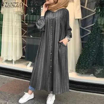 ZANZEA Vintage Moslimské Oblečenie Žien, Dlhý Rukáv Kvetinový Vytlačené Sundress Jeseň Maxi Šaty Kaftan Župan Prekladané Voľné Vestidos Femme