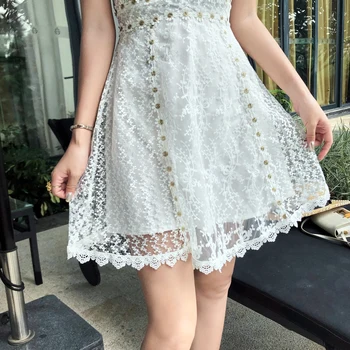Biela čipka ročník mini šaty žena stojí krku krátky rukáv duté z elegantné party krátke šaty Nové jar leto sexy vestido