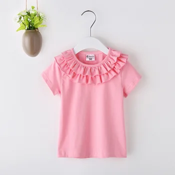 2019 nové dievča peter pan golier, čipka t-shirt žena detské bavlnené tričko s krátkym rukávom kórejský Klope roztomilý T-shirts 0-6 rok
