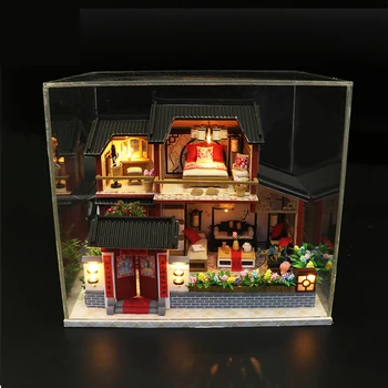 DIY Doll House Miniatúrny domček pre bábiky Súpravy, Nábytok Čínsky Štýl, Drevený Dom 3D Ručné stavanie modelov a Hračiek Pre Deti, Dospelých