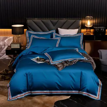 Luxusné 1000TC Egyptskej Bavlny Sateen Modrá posteľná bielizeň Nastaviť Elegantné Okraji Perinu Posteľná Bielizeň Vybavené list Twin Kráľovná King Size 4Pcs