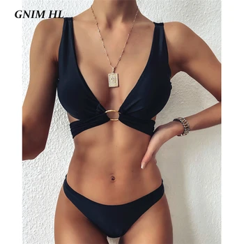 GNIM Sexy Čierne Plavky Ženy, Dva Kusy Backless Bikini Mujer 2020 Letné plážové oblečenie Biquini High Cut Brazílske Plavky Ženy