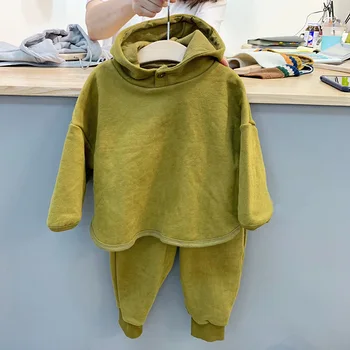 Jeseň 2020 kórejský detské Oblečenie Set sa Chlapci A Dievčatá Módne Jednoduché Kapucí Top + Nohavice Bavlna, Baby, Deti 2 Kus Oblek