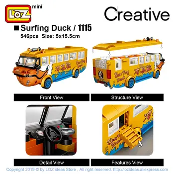 LOZ Mini Bloky Surfovať Kačica Obojživelný Autobus Kačica prepravu Loďou Modelu Auta Vzdelávacie Hračky pre Deti, Mini Tehly Darčeky urob si sám
