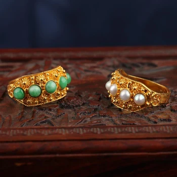 Prírodné Hetian jaspis pearl otvoriť krúžok Čínsky retro palác štýl jedinečné antické zlato plavidlá kúzlo dámske strieborné šperky
