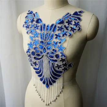 Kráľovská Modrá Sequin Čipky Textílie Korálky Strapec Svadobné Šaty Appliques Golier Barokový Výšivky Šiť Patch Pre Šaty DIY Dekorácie