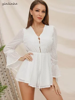Yinlinhe biela polka dot krátke jumpsuit ženy playsuit ženy nohavice pre ženy sexy Transparentné remienky boho beach oblečenie 1032