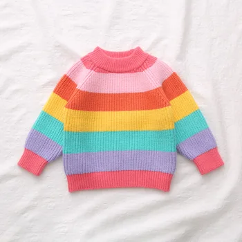 Jeseň Zima Girls Long Sleeve O Krk Farebné Pruhované Rainbow Knitwear Sveter Princezná Deti Detí Pulóver Jumper