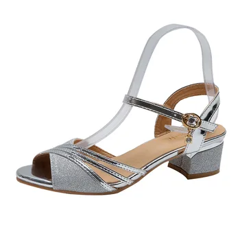 Dámske topánky 2020 nové letné sandále svetlé kožené námestie päty topánky dámske zlaté a strieborné jedno tlačidlo dámske sandále