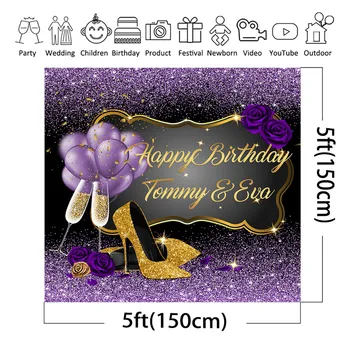 Ženy Narodeninovej Party Banner Pozadie Purple Gold Glitter Vysokým Podpätkom Balón Pozadí Vlastné Narodeniny Dekorácie Photocall