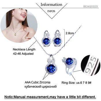 BeaQueen Módne Dámy Rýdzeho Striebra 925 Šperky Sady Kolo Blue Sapphire Cubic Zirconia Náhrdelníky Náušnice a Prsteň JS012