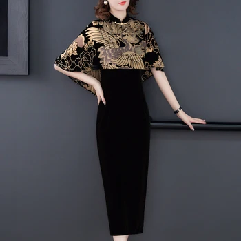 2021 Nový Príchod Leta Cheongsam Národnosti Zlaté Velvet Vytlačené Celej Zlepšenie Čínsky Vietor Šaty Vintage Plášť Rukávy