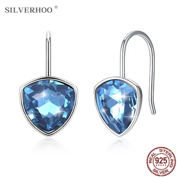 SILVERHOO Heart-Shape Stud Náušnice Pre Ženy 925 Silver Klasické Modré Rakúsko Crystal Svadobné Náušnice Vysokej Kvality Jemné Šperky