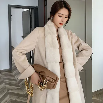 Ženy to reálne noriek kožušinový kabát zimný dlhá bunda žena kabáty s Oknami elegantne Merino Ovčej Kožušiny 2021casual slim solídny štandard