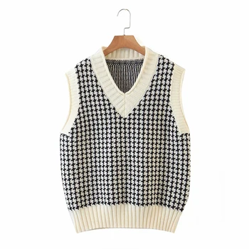 2020 nové žien Houndstooth pletený sveter vesta V krku 3 farby bez rukávov pulóver vintage Jeseň zima žena sveter vesta