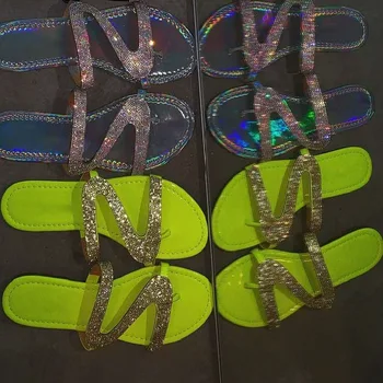 2020 Nové Letné Ženy Papuče Módne Svetlé Diamond Crystal Beach Papuče Ploché Topánky Ženy Listov Flip Flops Outdoorové Sandále