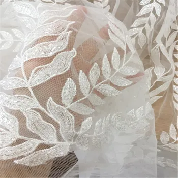 1 Yard Nádherné Jasné Sequin Leaf Tylu Výšivky, Čipky Textílie pre svadobné šaty,svadobné šaty, prom šaty textílie podľa dvore