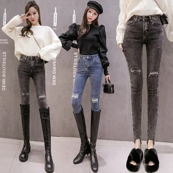 2020 jeseň a v zime nový high-pás džínsy ženy plus velvet chudnutie skinny nohavice nohavice ženy