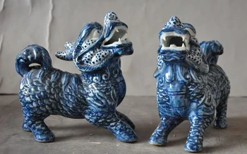 Čínsky Blue&White Porcelánu Vyrezávané Fengshui Kirin Zlé Zviera Kylin Socha (Odporúčame objednať 2 ks= Pár)