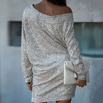 Nový Sexy Jedného Pleca Flitrami Šaty Elegantné Ženy Silver White Party Club Šaty S Dlhým Rukávom Jar Roku 2020 Bežné Večera Vestido